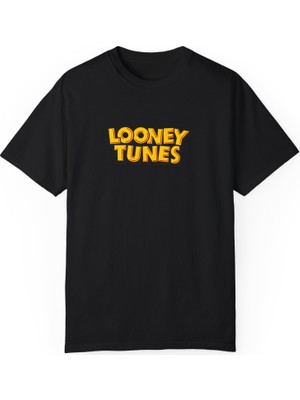 Bs Moda Unisex Looney Tunus Baskılı Siyah Basic Tshirt