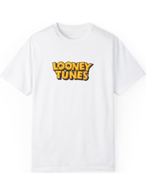 Bs Moda Unisex Looney Tunes Baskılı Beyaz Basic Tshirt