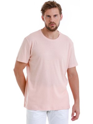 Pembe Regular Fit Düz Bisiklet Yaka Keten Tişört