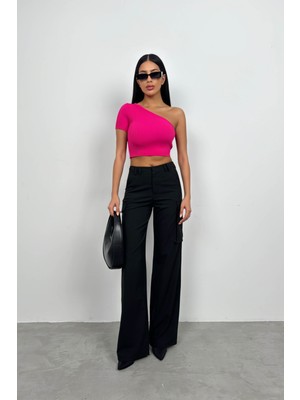 Black Fashion Tek Omuz Crop Bluz