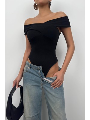 Black Fashion Çapraz Kayık Yaka Bodysuit