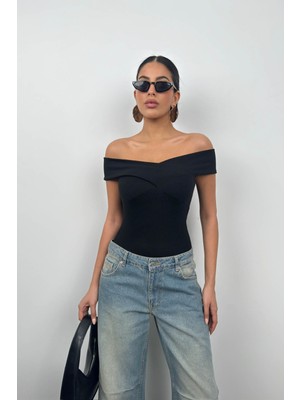 Black Fashion Çapraz Kayık Yaka Bodysuit