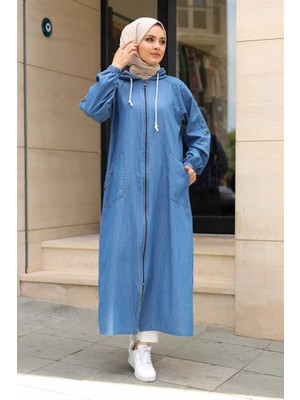 Pamuk Butik Kadın Cepli Omuzdan Taş Detaylı Kapüşonlu Kot Kap