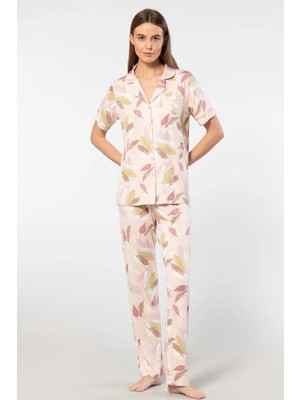 Türen 3355  Kadın Kısa Kollu Gömlek Yaka Pijama Takımı-Pudra