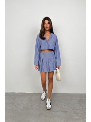 Black Fashion Çizgili Pileli Mini Etek