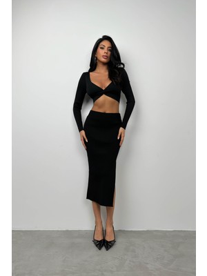 Black Fashion V Yaka Crop Yırtmaçlı Maxi Etek Takım