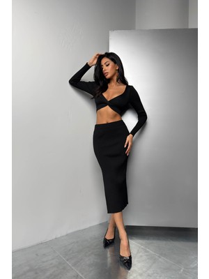 Black Fashion V Yaka Crop Yırtmaçlı Maxi Etek Takım