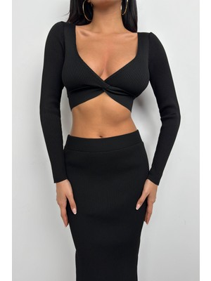 Black Fashion V Yaka Crop Yırtmaçlı Maxi Etek Takım