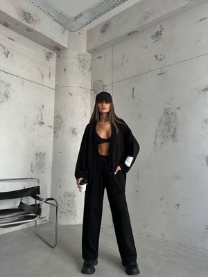 Black Fashion Etiket Detay Hırka Pantolon Takım