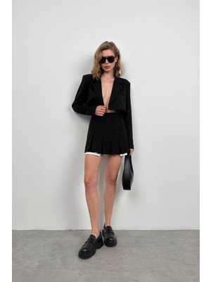 Black Fashion Pileli Etek Crop Ceket Takım