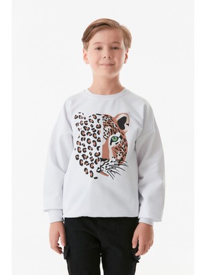 FullaModa Leopar Baskılı Bisiklet Yaka Erkek Çocuk Sweatshirt