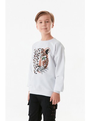 FullaModa Leopar Baskılı Bisiklet Yaka Erkek Çocuk Sweatshirt