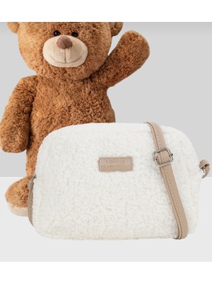 Trend Vitrin Beyaz Kahve Peluş Ayıcık Kürklü Çift Renk Kadın Çapraz Askılı Omuz Çanta