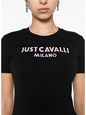 Just Cavalli Yuvarlak Yaka Baskılı Siyah - Beyaz Kadın T-Shirt 76Pahe13