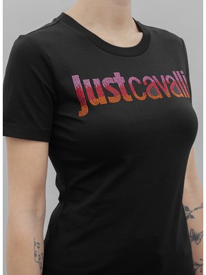 Just Cavalli Yuvarlak Yaka Baskılı Siyah Kadın T-Shirt 76Pahe06