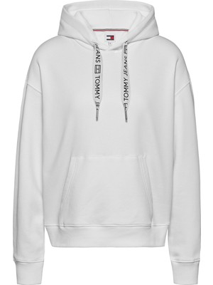 Tommy Jeans Düz Beyaz Kadın Sweatshırt Tjw Bxy Logo Drawcord Hoodıe Ext