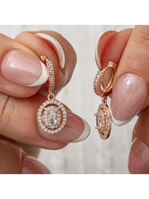 Stil Love Gümüş Rose Oval Taşlı Sallantılı Küpe