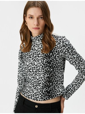Koton Leopar Desenli Tişört Uzun Kollu Dik Yaka
