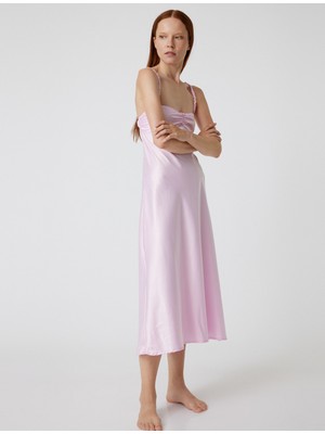 Koton Uzun Saten Gecelik Askılı Drape Detaylı Rahat Kalıp