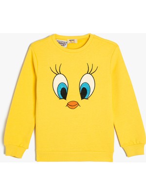 Koton Lisanslı Tweety Pamuklu Sweatshirt Kız Çocuk İçin Bisiklet Yaka Truvakar Kol Baskılı