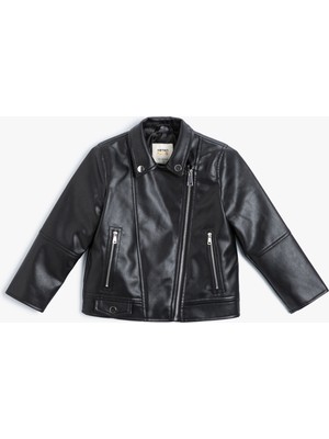 Koton Deri Görünümlü Biker Ceket Fermuarlı Cepli