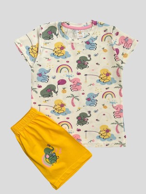 Elmas Kids Kız Çocuk %100 Pamuklu Fil Desenli Beyaz Kısa Kollu Şortlu Yazlık Pijama Takımı