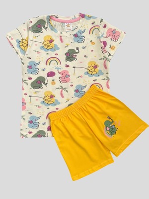 Elmas Kids Kız Çocuk %100 Pamuklu Fil Desenli Beyaz Kısa Kollu Şortlu Yazlık Pijama Takımı