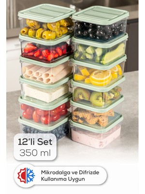 12LI 350 ml Buzdolabı Dondurucu Organizer Mikrodalga ve Difrize Uygun Saklama Kabı Mint