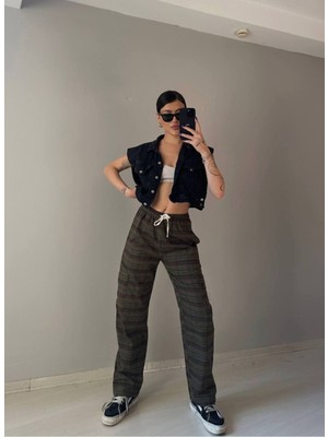 Ategewear Y2K Harajuku Haki Ekose Detay Eşofman Altı/pantolon