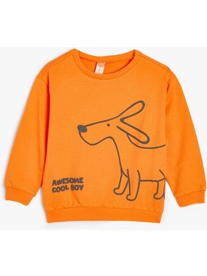 Koton Sweatshirt Bisiklet Yaka Köpek Baskılı Uzun Kollu