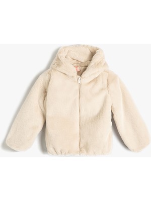 Koton Kapşonlu Peluş Ceket Fermuarlı Uzun Kollu