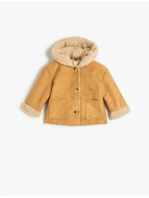 Koton Kız Çocuk Kapşonlu Süet Görünümlü Mont Taba Renk Peluş Astarlı Özellikli