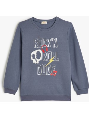 Koton Sweatshirt Kuru Kafa Baskılı Uzun Kollu Bisiklet Yaka Şardonlu