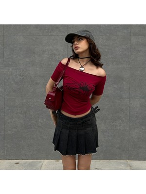 Ategewear Bordo Black Widow Omuzu Açık Spider Kısa Kollu Crop