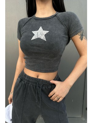 Ategewear Y2K Yıldız Detay Yıkamalı Crop Top