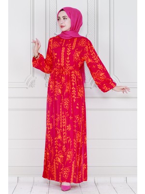 Sevitli Otantik Yarım Düğmeli Viscon Elbise-Pembe
