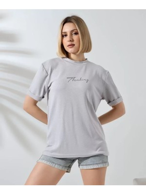 Sem E -Commerce Sem E - Commerce Unisex Bisiklet Yaka Baskılı Slim Fit T-Shirt - Boyalı Gri