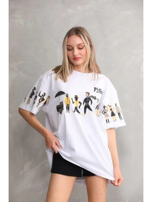 Sem E -Commerce Sem E - Commerce Unisex Bisiklet Yaka Baskılı Oversize T-Shirt - Beyaz