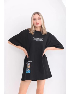 Sem E -Commerce Sem E - Commerce Unisex Bisiklet Yaka Baskılı Oversize T-Shirt - Siyah