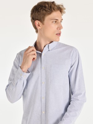 Regular Fit Shirt Neck Çizgili Mavi Erkek Uzun Kol Gömlek Cl1064631