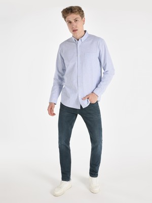 Regular Fit Shirt Neck Çizgili Mavi Erkek Uzun Kol Gömlek Cl1064631