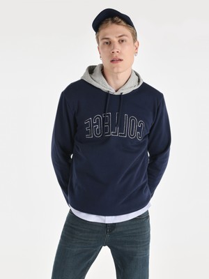 Regular Fit Baskılı Kapüşonlu Lacivert Erkek Sweatshirt Cl1064580