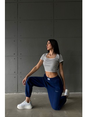 Ategewear Çizgili Kaşkorse Kare Yaka Crop Top