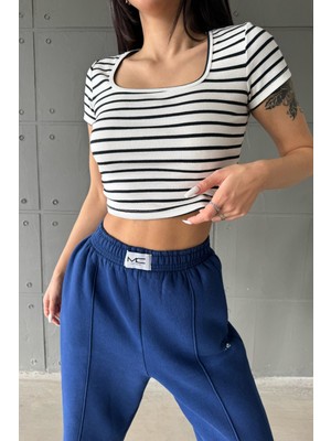 Ategewear Çizgili Kaşkorse Kare Yaka Crop Top