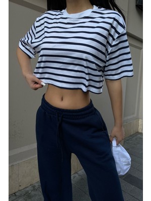 Ategewear Çizgili Penye Crop Top T-Shirt