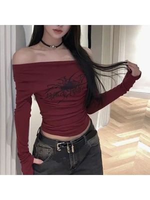 Ategewear Y2K Harajuku Bordo Spider Omuzu Açık Uzun Kollu Crop