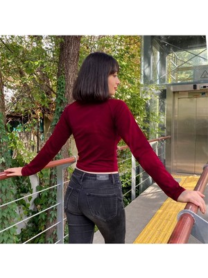 Ategewear Y2K Harajuku Bordo Uzun Kol Crop Top