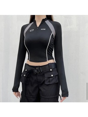 Ategewear Y2K Harajuku Fermuar Detay Uzun Kol Crop Top