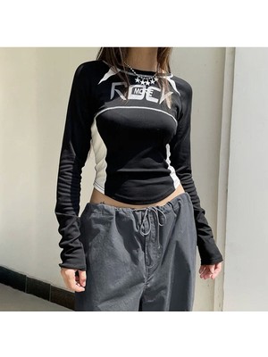 Ategewear Y2K Harajuku Rock More Uzun Kol Crop Top