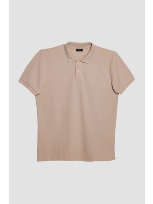 Erkek Slim Fit Dar Kesim Pamuklu Yumuşak Dokulu Serin Tutan Kumaş Düz Pike Taş Renk Polo Yaka Tişört